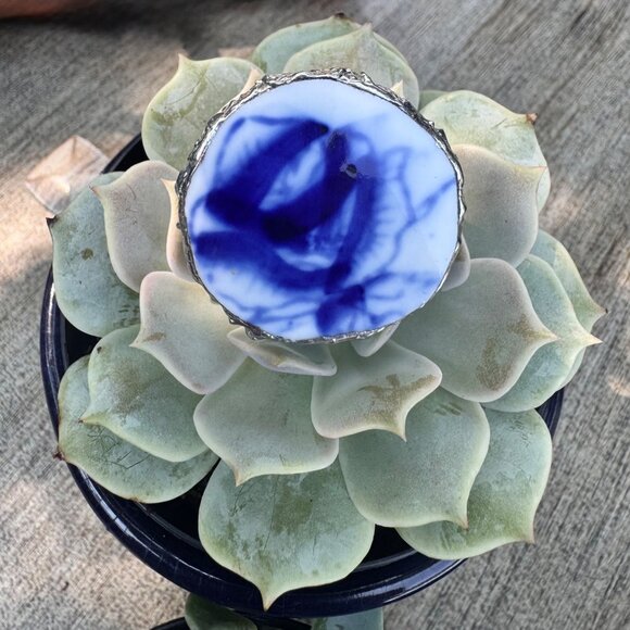 Artisan Silver & Blue Willow China Statement Cocktail Rose Ring Size 9 - Picture 11 of 16